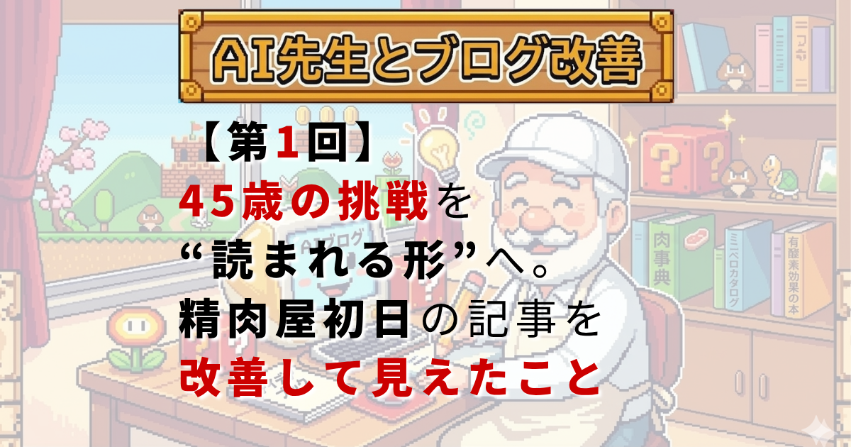 AI先生とブログ改善 第1回 45歳の挑戦を読まれる形へ 精肉屋初日の記事を改善したアイキャッチ画像