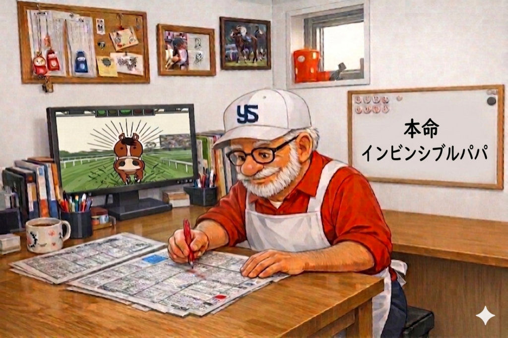 白いひげの男性が競馬新聞に赤ペンで印をつけながら、高松宮記念の予想をしているイラスト。机には本やマグカップが並び、モニターには馬のイラストが映っている。背後のホワイトボードには「本命 インビンシブルパパ」と書かれ、落ち着いた部屋でレース分析に向き合う様子が描かれている。