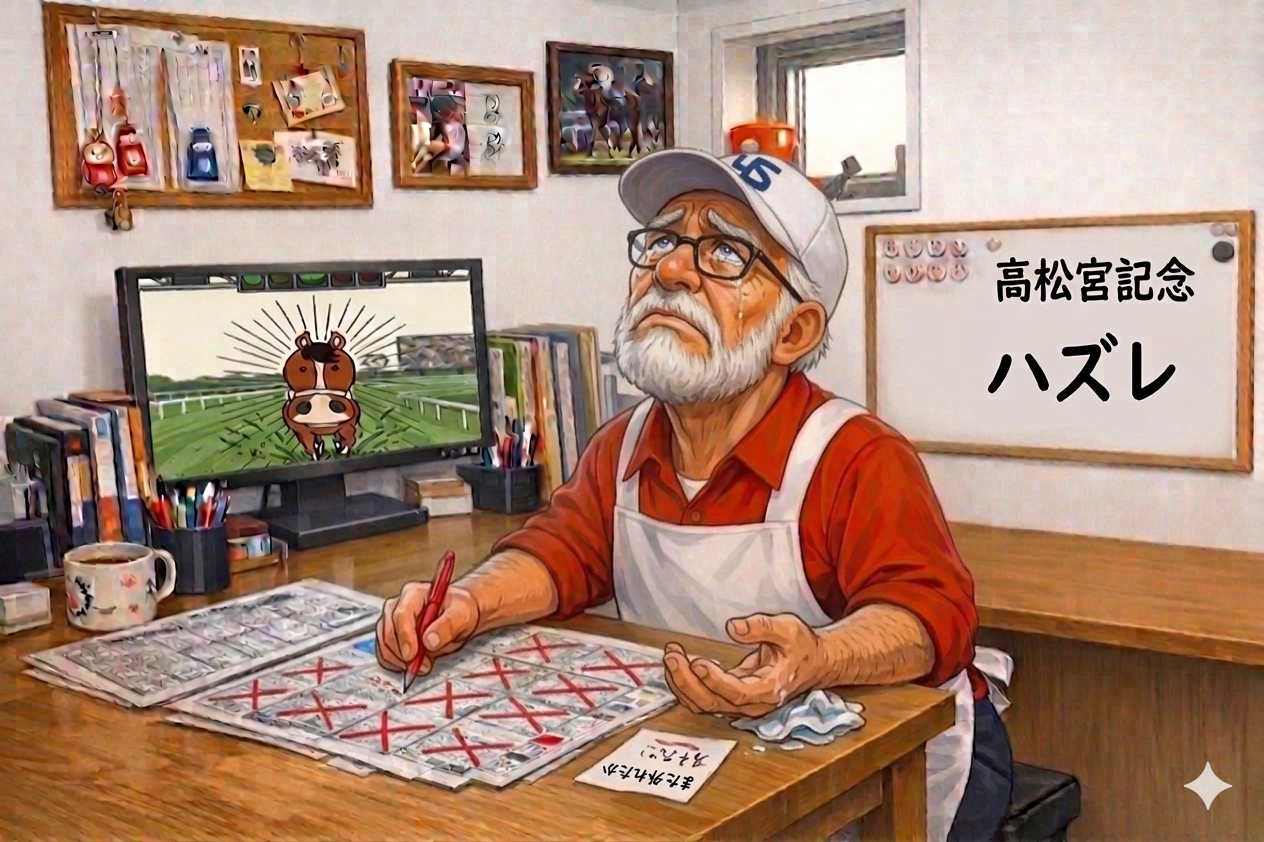 春の風を感じながら高松宮記念を振り返るイメージイラスト。競馬新聞やモニターの馬のシルエットが描かれ、落ち着いた部屋で静かにレースを見つめる雰囲気が伝わる。