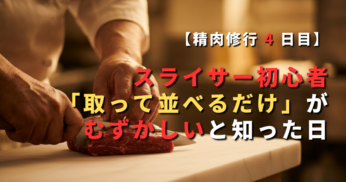 スライサー初心者が「取って並べるだけ」の難しさに気づいた瞬間を表すイメージ。精肉スライサーの前で肉を扱う手元と、緊張感のある作業風景。