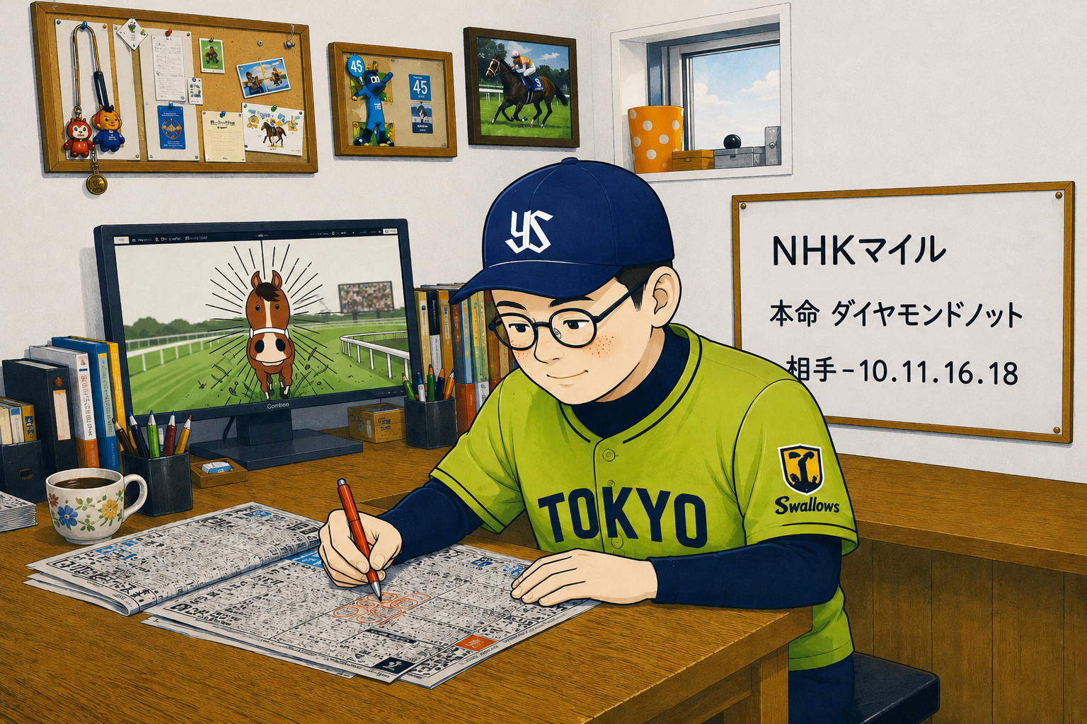 NHKマイルカップ2026予想｜本命ダイヤモンドノットと注目馬を考察する競馬イラスト