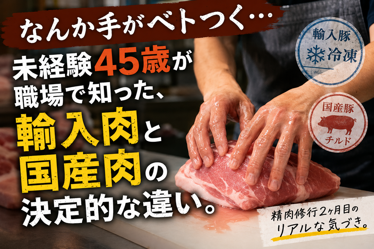 精肉店で輸入豚のドリップやベトつきの違いを確認しながら作業する様子をイメージしたアイキャッチ画像