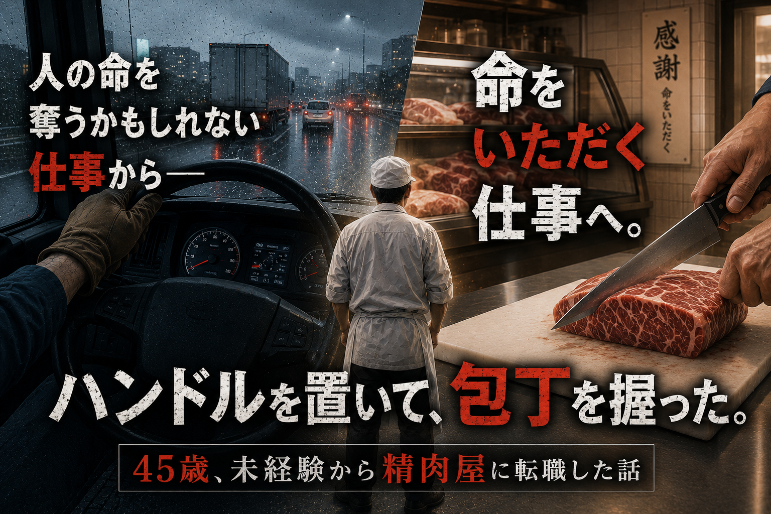 「ハンドルを置いて、包丁を握った。」トラック運転手から精肉店へ転職した45歳男性の静かな決意を表現したアイキャッチ画像。