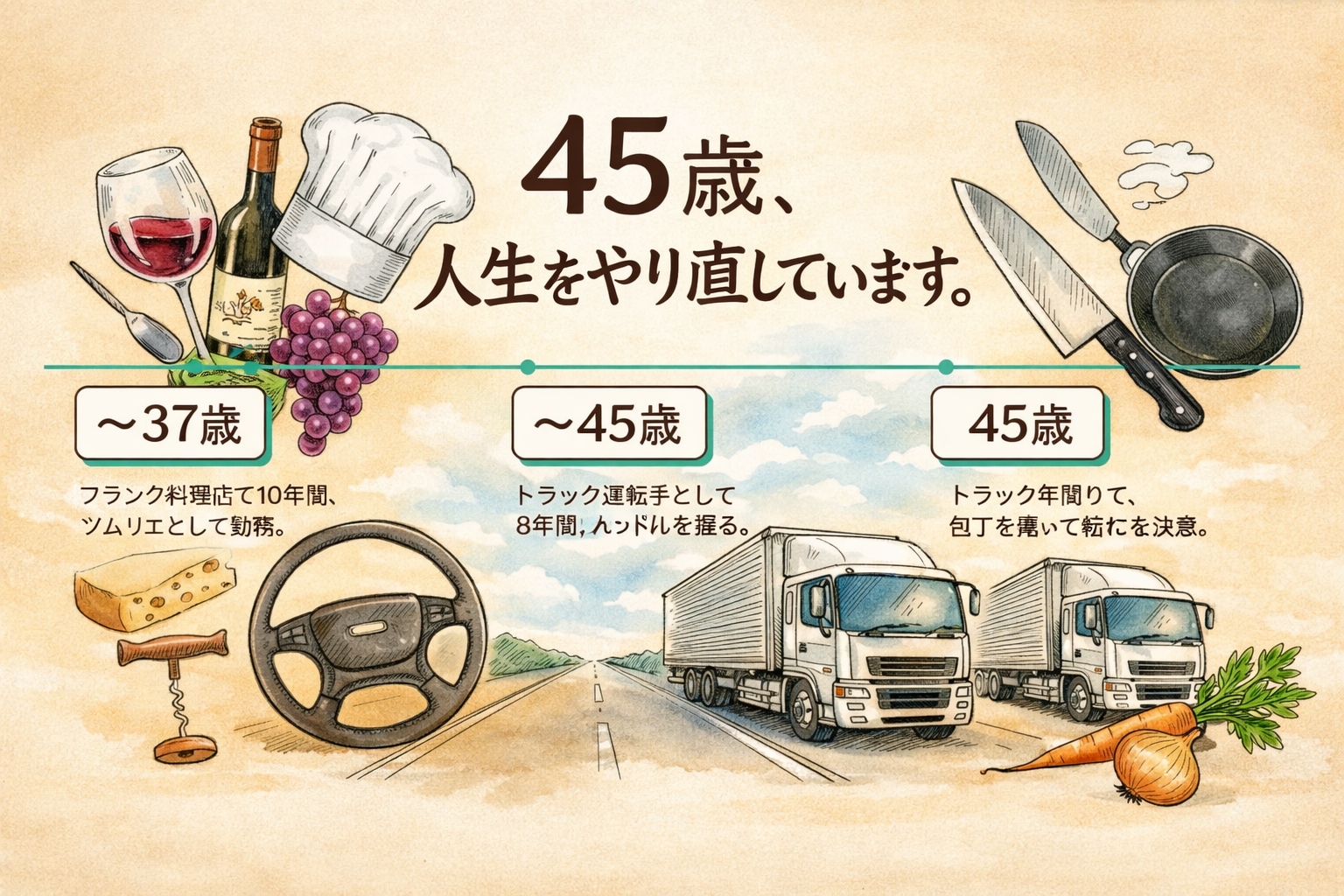 45歳、人生をやり直しています。フランス料理店のソムリエからトラック運転手を経て、再び包丁を握るまでのキャリアパスを描いたイラスト。