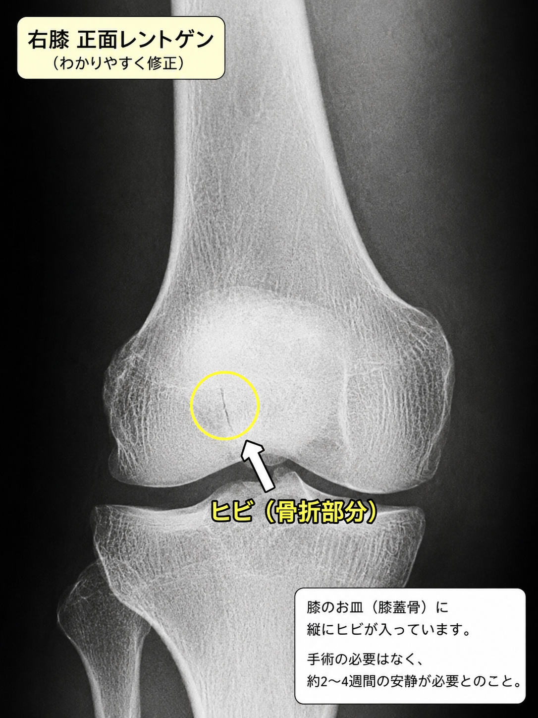 右膝正面レントゲン。膝蓋骨に縦のヒビ（骨折部分）
