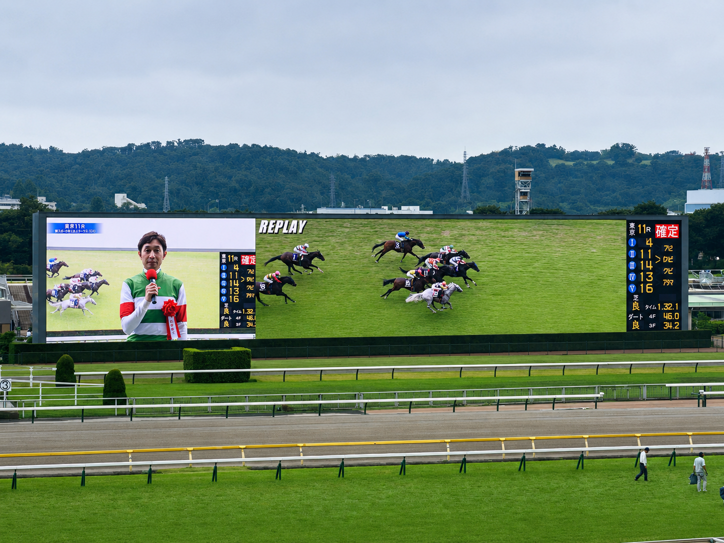東京競馬場ターフビジョンに映る武豊騎手のインタビューと安田記念の確定着順