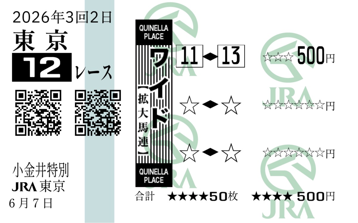 東京競馬場12R小金井特別のワイド馬券11-13