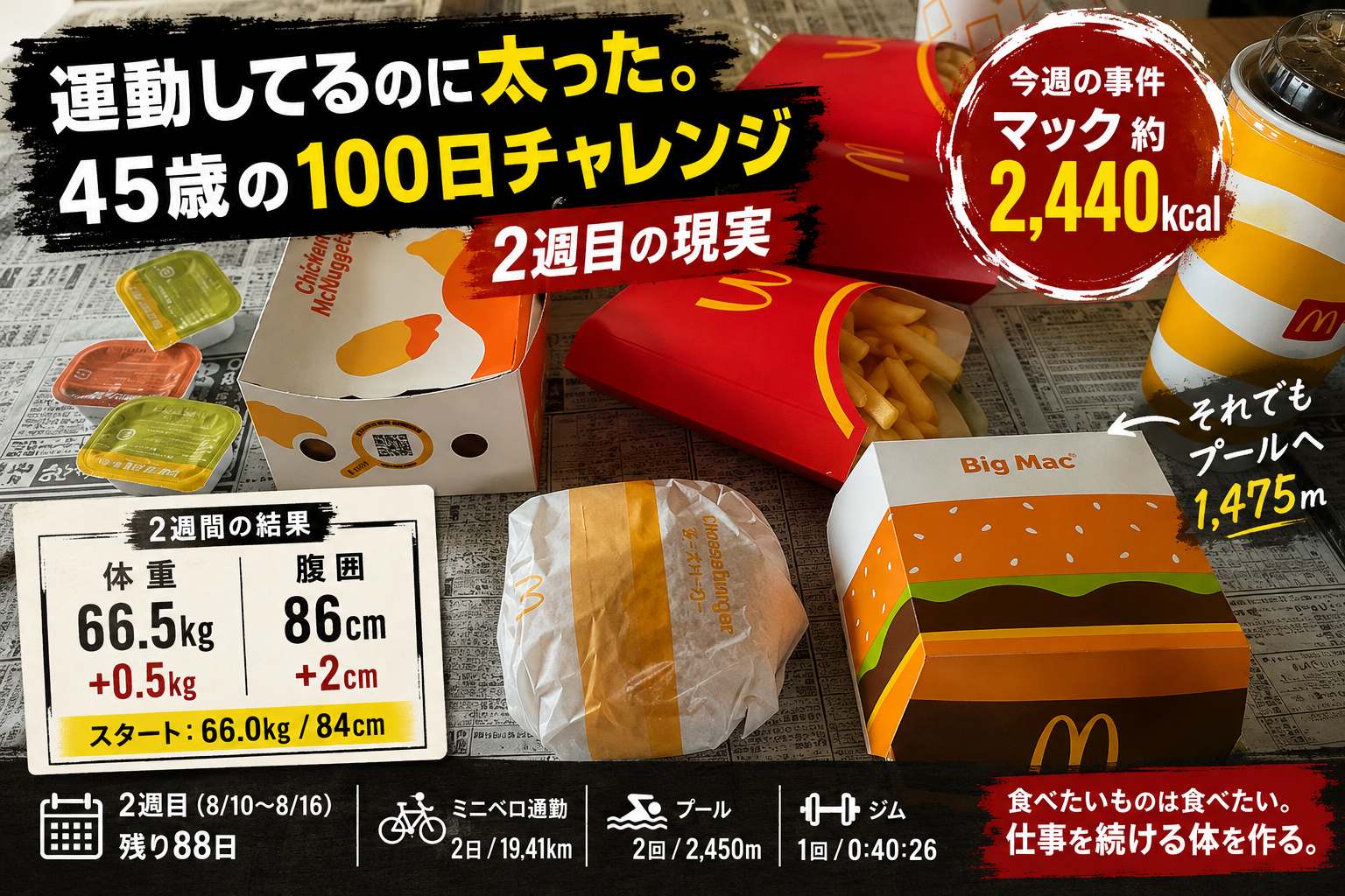 45歳の100日チャレンジ2週目、マック約2,440kcalを食べてもプールへ行った記録