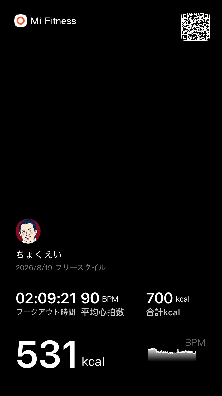 8/19 ジム フリースタイル 2時間9分21秒 Mi Fitness記録
