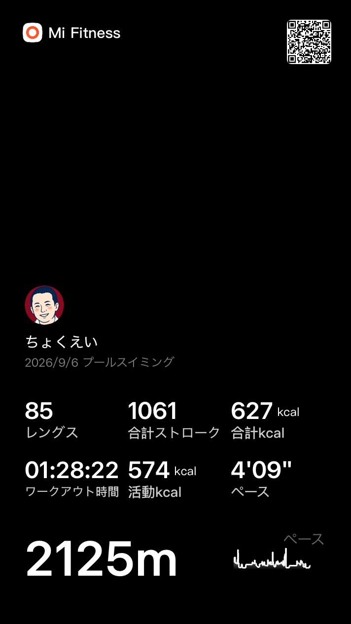 9/6 プール2125m Mi Fitness記録