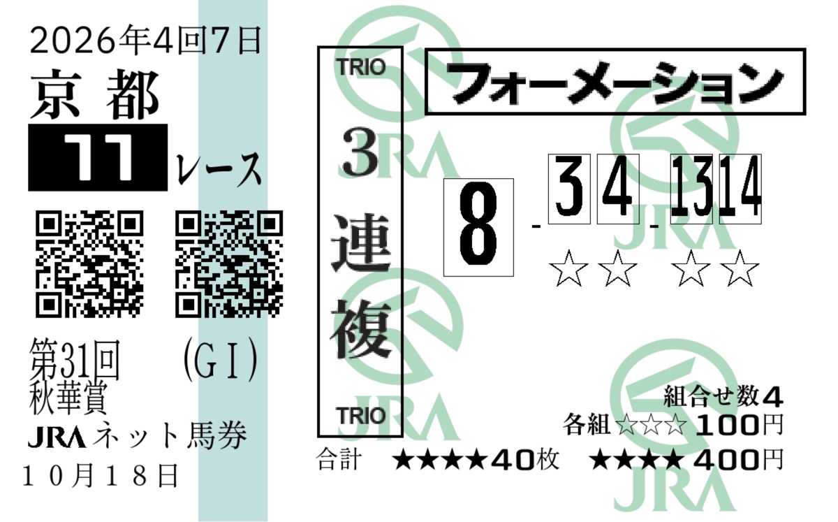 秋華賞 3連複フォーメーション 8番軸 相手3・4・13・14 各100円 合計400円の馬券画像