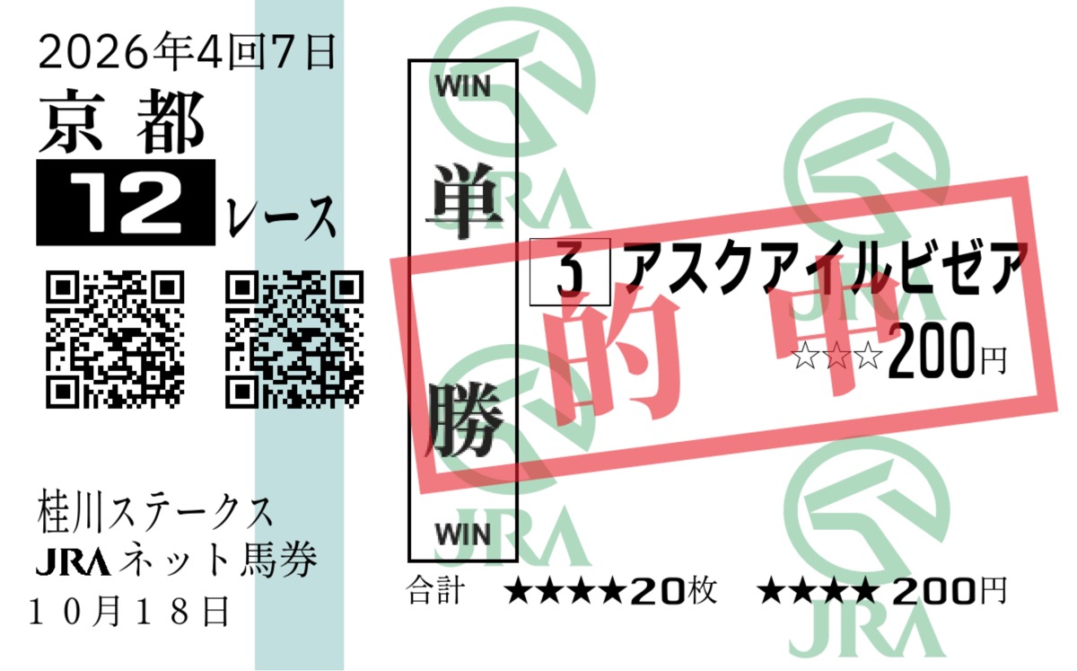 桂川ステークス 単勝3番アスクアイルビザ 200円が的中した馬券画像